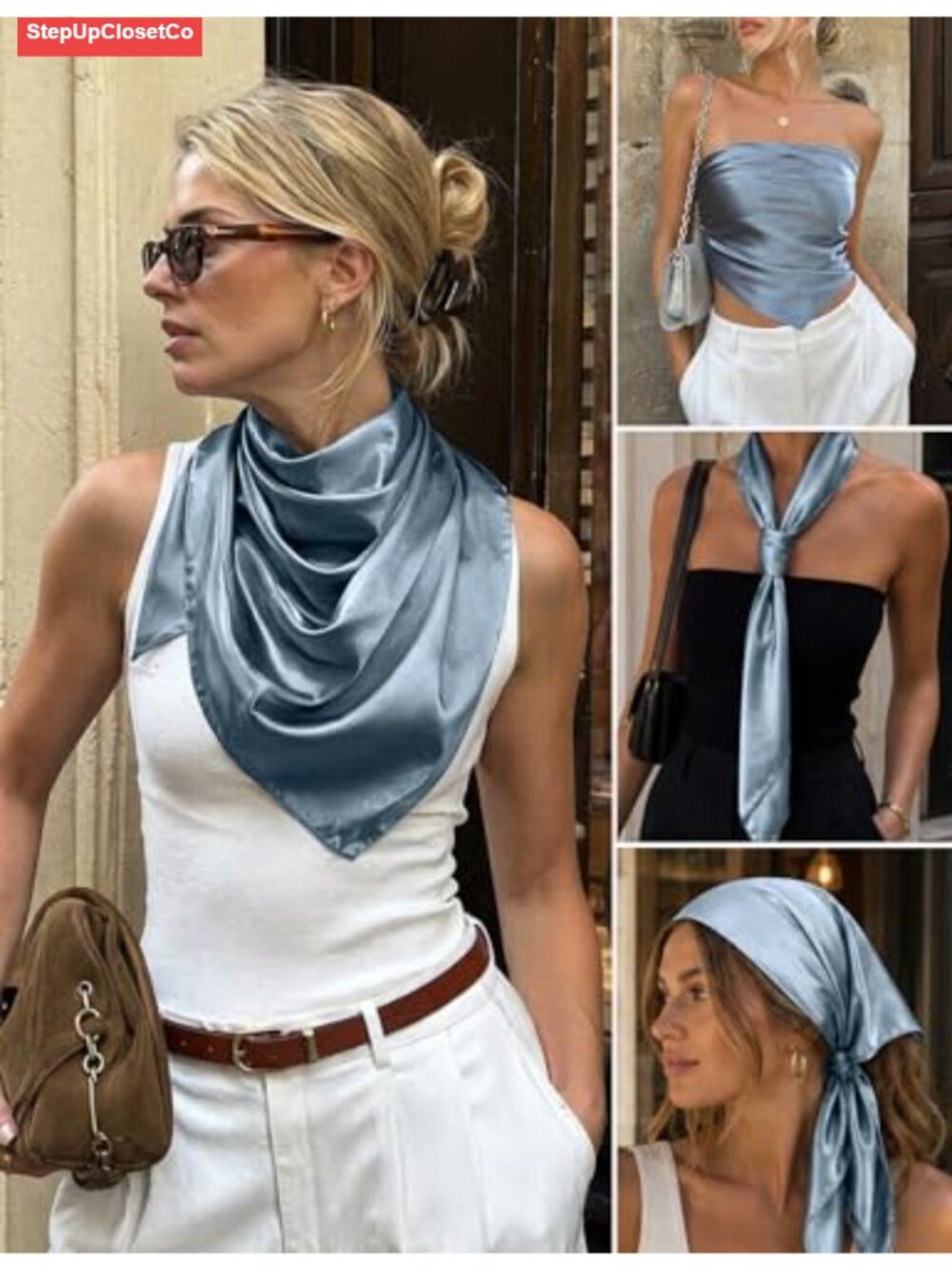 Large Satin Square Scarf 35" Solid Color Silk Feel Wrap Headscarf for Women - Picture 4 of 6